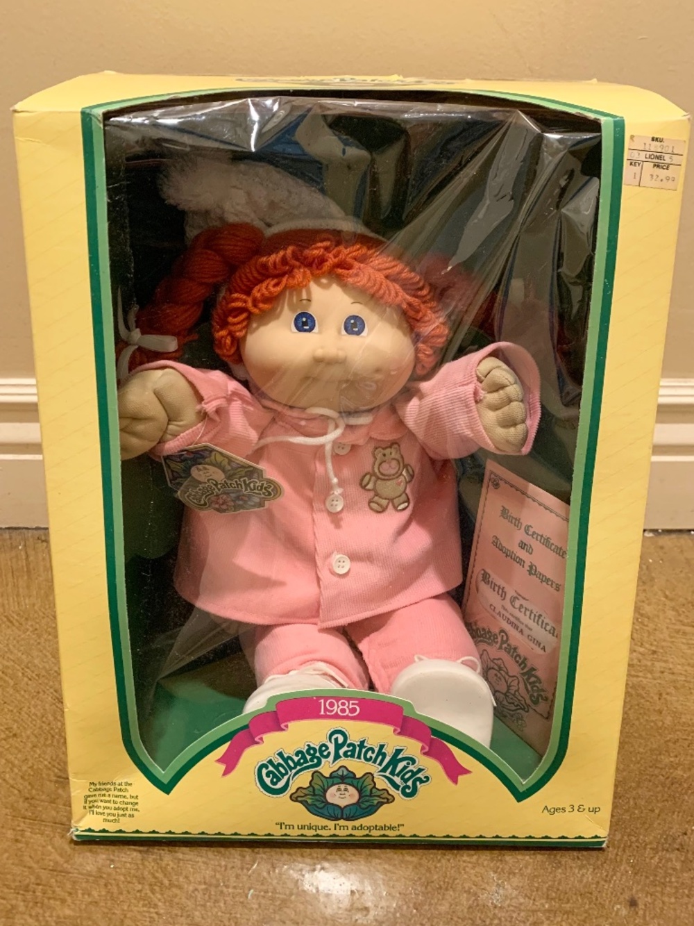 Vintage Cabbage Patch Kids Doll In Box Red Hair Pink Teddy Bear Outfit And Hat